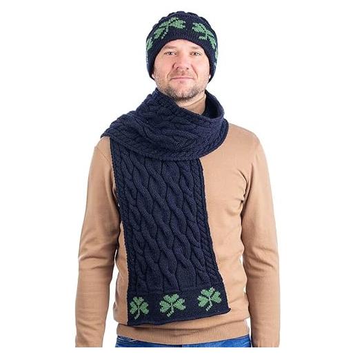 SAOL - maglia irlandese a maglia - sciarpa trifoglio in lana merino al 100% per uomo, navy, taglia unica