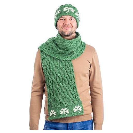 SAOL - maglia irlandese a maglia - sciarpa trifoglio in lana merino al 100% per uomo, verde, taglia unica