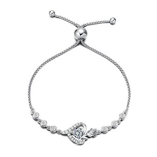 AGVANA bracciali da donna, regolabile braccialetti cuore fiore rosa in argento sterling 925, heart bracciale gemma regalo di gioielleria per donna regalo di compleanno san valentino