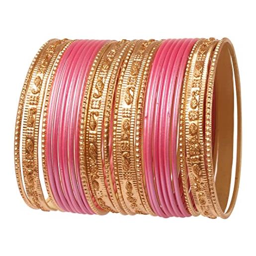Touchstone indian bollywood colorful 2 dozen bangle collection golden glitters textured taffy pink color large size designer jewelry special bangle bracelets set of 24 in gold tone for women. 