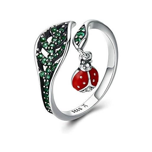 JTIAN anello regolabile da donna, pendente in argento sterling 925 con coccinella e ciondolo con foglie per donna