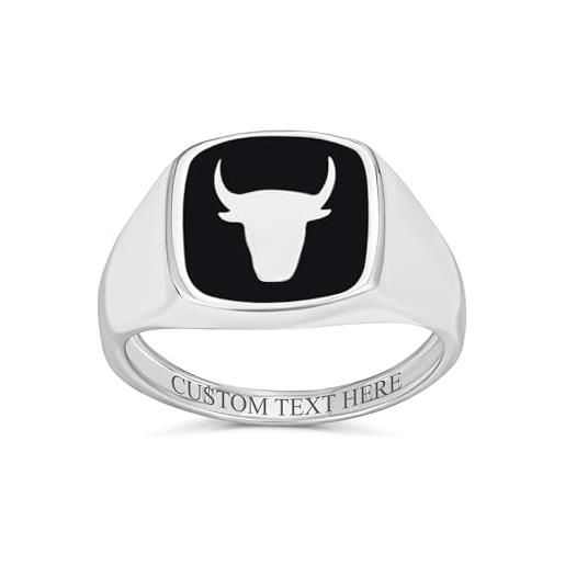 Bling Jewelry anello personalizzato unisex con pietra preziosa quadrata di onice nera raffigurante teschio di antilope bufalo e longhorn del texas realizzato in argento sterling. 925 e inciso su misura