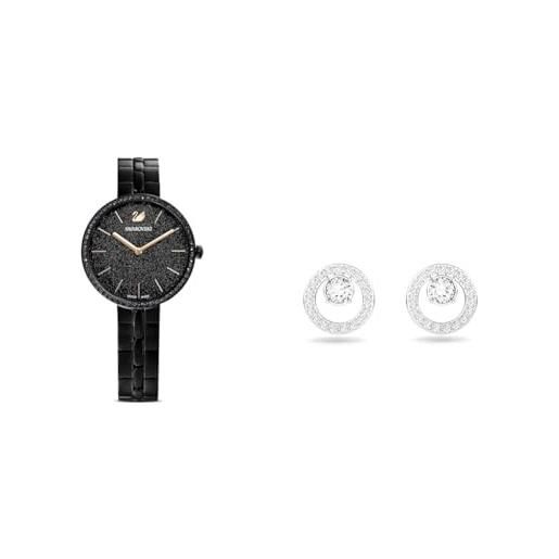 Swarovski cosmopolitan orologio, con cristalliSwarovski e bracciale di metallo, finitura in nero, meccanismo al quarzo, nero & creativity orecchini a lobo circolari, placcati in tonalità rodio lucido