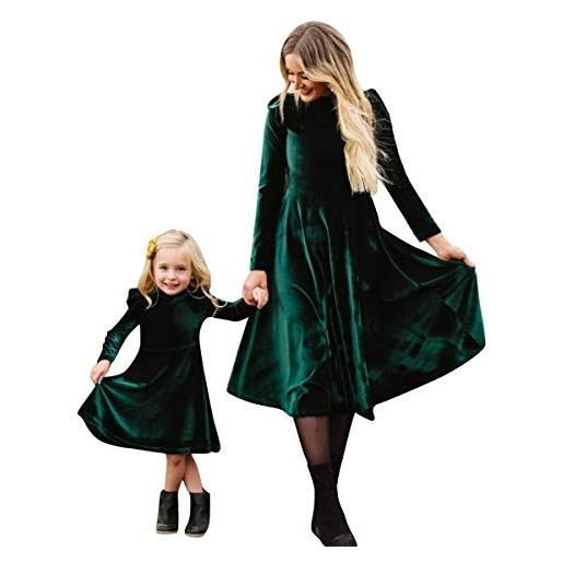 FYMNSI vestito da donna e figlia, in velluto, per autunno e inverno, a maniche lunghe, linea ad a, per feste, verde, l