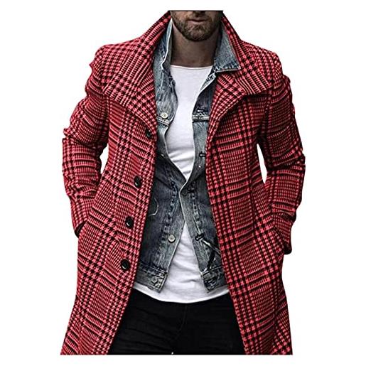 FSFA - cappotto lungo in lana a quadretti, da uomo, elegante, con colletto alto, bottoni, giacca antivento invernale, taglia grande, rosso, xxxl
