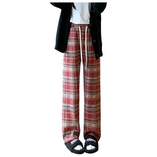 Petalum donna pantaloni a quadri inverno caldo fodera in pile pantaloni in lana slim retro gamba larga vita alta stile vintage lucido con coulisse, rosso, 40-42