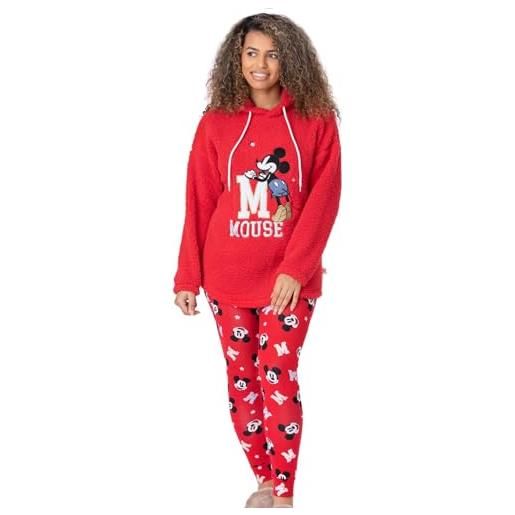 Disney mickey mouse pigiama donna set | felpa con cappuccio borg rossa da donna per adulti con pantaloni legging | personaggio animato ricamato argento oro | regali di merchandising