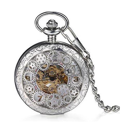Silverora orologio da tasca vintage: orologio da tasca al quarzo con catena orologio da taschino con numeri - orologio meccanico con pignone, argento