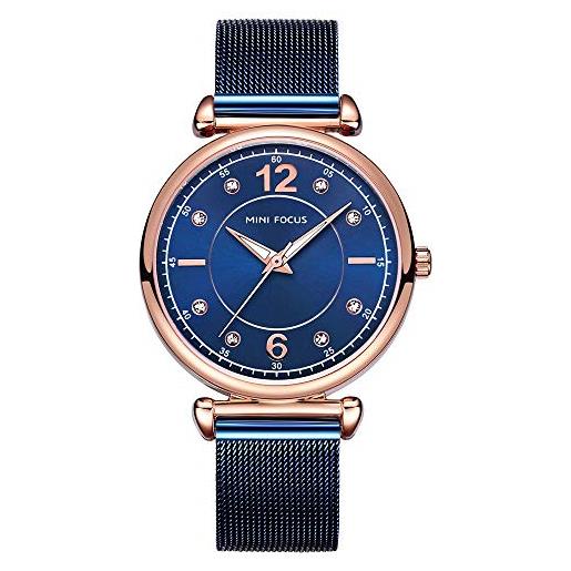 MINI FOCUS signore orologi moda ragazze classico abito orologi da polso per donne blu acciaio inossidabile band orologi