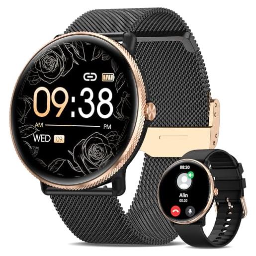 DekeFit smartwatch donna con chiamate bluetooth, 1.39 amoled orologio smartwatch donna con 24/7 cardiofrequenzimetro, spo2, sonno, 120+ modalità sport, notifiche messaggi, ip68 ios android, oro nero