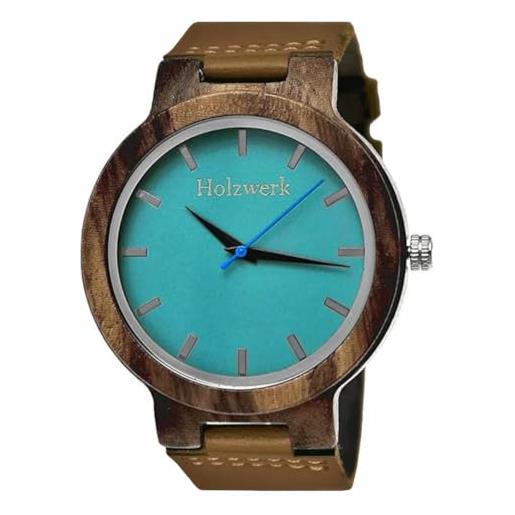Holzwerk Germany orologio da donna realizzato a mano, orologio da uomo, in legno naturale, analogico, classico, al quarzo, marrone, blu, turchese, marrone/turchese, cinghia