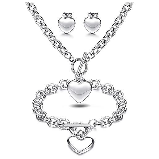 Milacolato 3 sets collana con ciondolo cuore bracciale con catena a forma di cuore orecchini cuore per le donna set di gioielli con cuore d'amore in acciaio inossidabile per la festa della mamma
