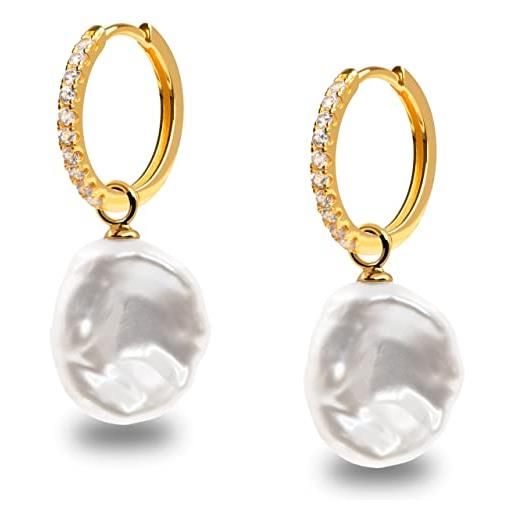 Secret & You orecchini a cerchio da 16 mm con ciondolo intercambiabile perla coltivata d'acqua dolce keshi da 13-14 mm e zirconi per donna Secret & You - gold vermeil