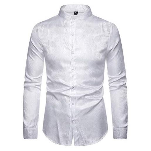 Huixin uomo camicette in alto manica lunga collo coreana camicia maschi casual paisley jacquard vestibilità regolare bluse camicetta stile britannico (bianco, l)