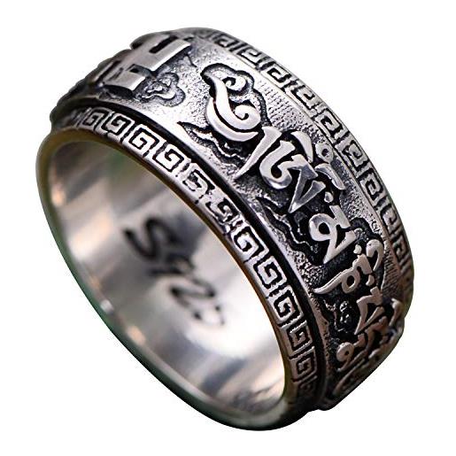 ForFox anello a fascia girevole om mani padme hum buddista in argento sterling 925 nero vintage per uomo donna 10mm taglia 24
