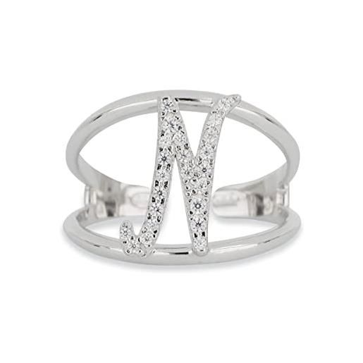 Artlinea, anello in argento 925 sterling, gioiello personalizzato con la lettera n corsiva, con pavé zirconi, retro aperto con misura regolabile 12-18, made in italy