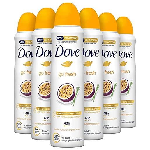 Dove, go fresh deodorante spray passion fruit, con 1/4 crema idratante, antitraspirante, senza alcool, pelle asciutta fino a 48 ore, fragranza fresca, deodorante uomo e donna, 6 pezzi da 150 ml