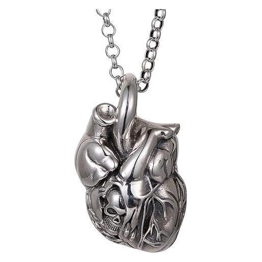 ForFox collana con ciondolo forma di cuore anatomico 3d con teschio in argento sterling 925 massiccio per uomo donna catena 60cm