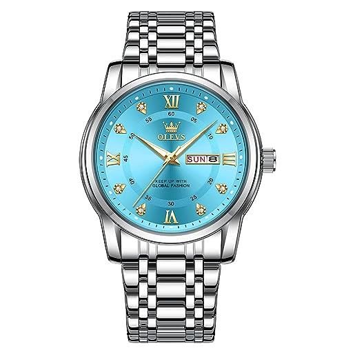 OLEVS orologio da uomo di lusso, da lavoro, con design a diamante, al quarzo, in acciaio inox, impermeabile, luminoso, calendario settimanale, regalo, bianco e blu, classico