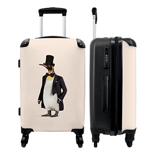 NoBoringSuitcases.com® valigia grande - pinguino - animale - cappello - nero - lucchetto a combinazione tsa - trolley rigido 4 ruote - 90 litri - valigia da viaggio - 66 cm