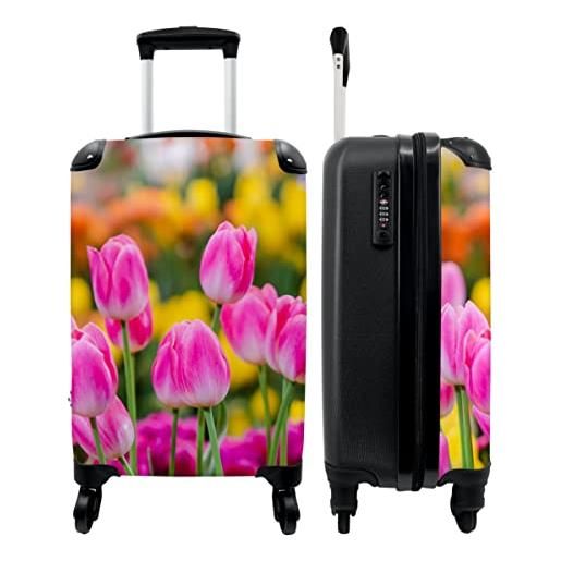 NoBoringSuitcases.com® valigia trolley bagaglio a mano piccola valigia da viaggio con 4 ruote - fiori - tulipani - rosa - primavera - valigia cabina - bagaglio da tavola