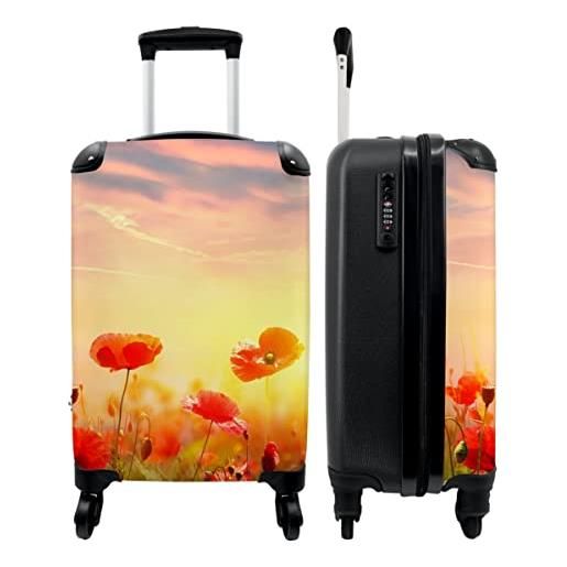 NoBoringSuitcases.com® valigia trolley bagaglio a mano piccola valigia da viaggio con 4 ruote - fiori - papaveri - tramonto - rosso - botanico - bagaglio da tavola