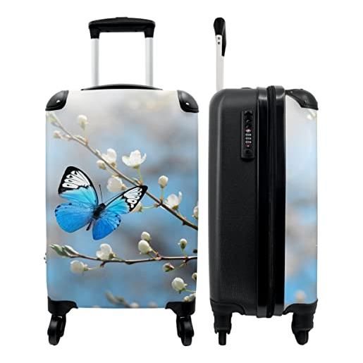 NoBoringSuitcases.com® valigia bagaglio a mano trolley valigia piccola valigia con 4 ruote - fiori - farfalla - blu - fiore - bianco - bagaglio a bordo