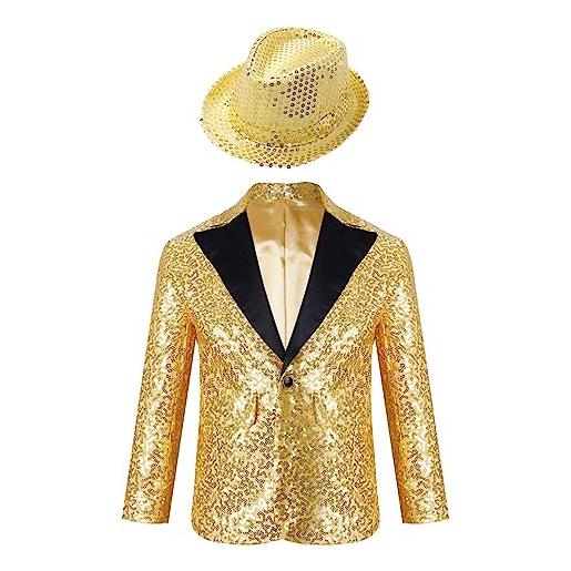 inhzoy blazer giacca paillettes bambino gentleman tuxedo smoking giacca elegante brillantini con cappello abito da battesimo festa sera capotto da banchetto compleanno nero 13-14 anni
