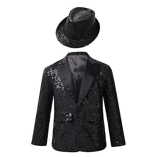 inhzoy blazer giacca paillettes bambino gentleman tuxedo smoking giacca elegante brillantini con cappello abito da battesimo festa sera capotto da banchetto compleanno nero 15-16 anni
