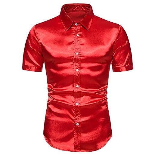 FEOYA camicie da uomo di lusso lucide di seta come raso manica corta camicie night club party discoteca prom shirt, a-rosso, xl