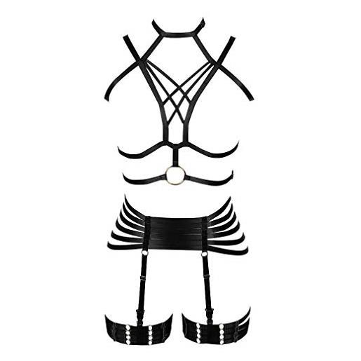BBOHSS donne body harness reggiseno punk giarrettiera hollow gotico fascia elastica regolabile partito prom set danza costume accessori (nero)