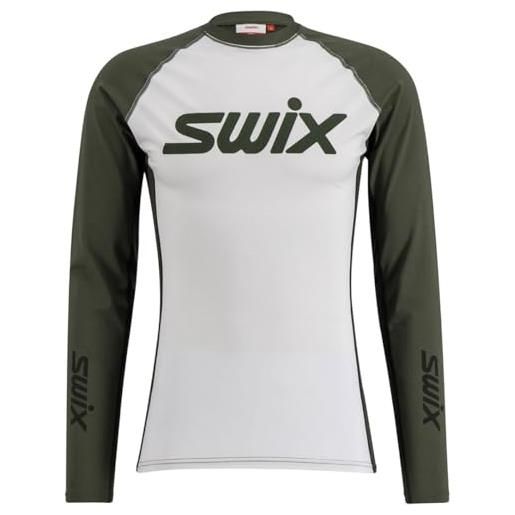 Swix racex - maglia intima da uomo, leggera, traspirante, ad asciugatura rapida, aderente, a maniche lunghe, bianco brillante/oliva, m