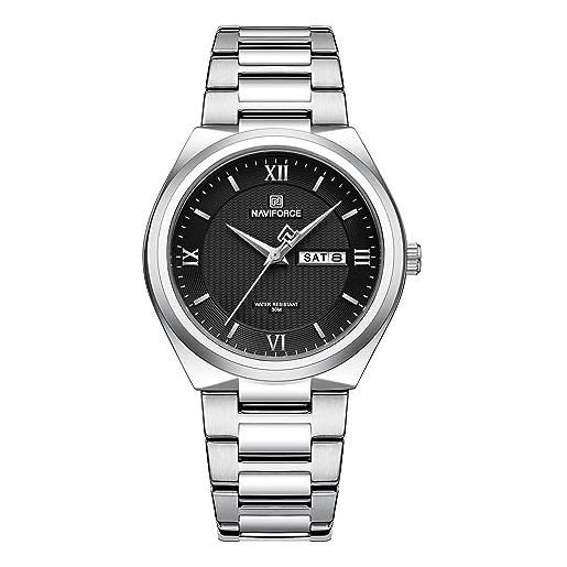 Naviforce reloj de pulsera casual para hombre, reloj de acero inoxidable resistente al agua con fecha y movimiento de cuarzo analógico (silver black)