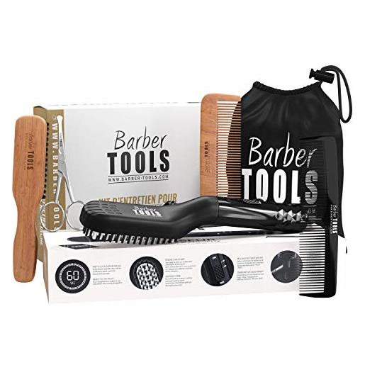 BARBER TOOLS ✮ BARBER TOOLS ✮ manutenzione box e cura la barba. 2 pettine la barba + spazzola per barba + forbici di precisione + custodia + spazzola lisciante per barba. 