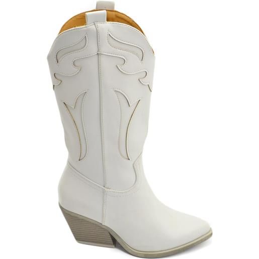 Malu Shoes stivali donna camperos texani bianco ecopelle laserato tacco western comodo gomma altezza meta' polpaccio