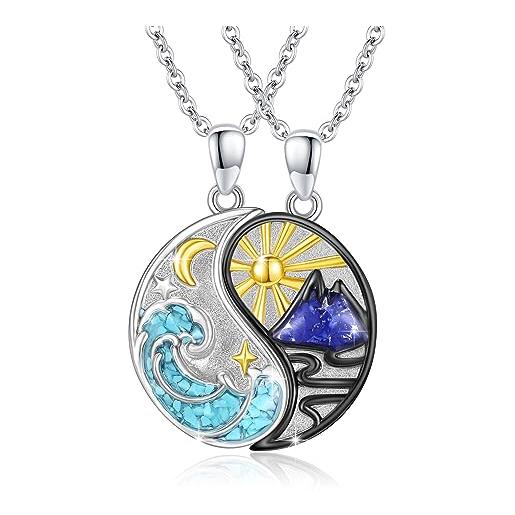 REDSUN yin yang - collana in argento sterling 925, con ciondolo a forma di sole e montagna, per coppia, collana dell'amicizia, 2 pezzi, regalo per donne e uomini, argento sterling