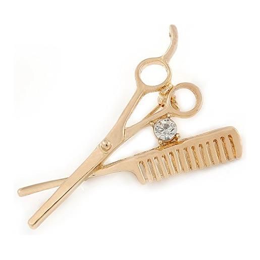 Avalaya - spilla da parrucchiere placcata oro, con forbici e pettine, lunghezza 55 mm