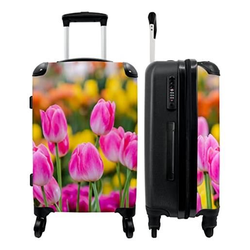 NoBoringSuitcases.com® valigia grande - fiori - tulipani - rosa - primavera - chiusura a combinazione tsa - trolley rigido 4 ruote - 90 litri - valigia da viaggio - 66 cm