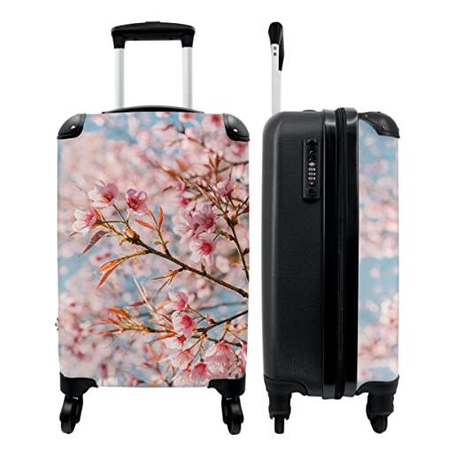 NoBoringSuitcases.com® valigia trolley bagaglio a mano piccola valigia da viaggio con 4 ruote - sakura - primavera - fiori - rosa - botanico - bagaglio da tavola