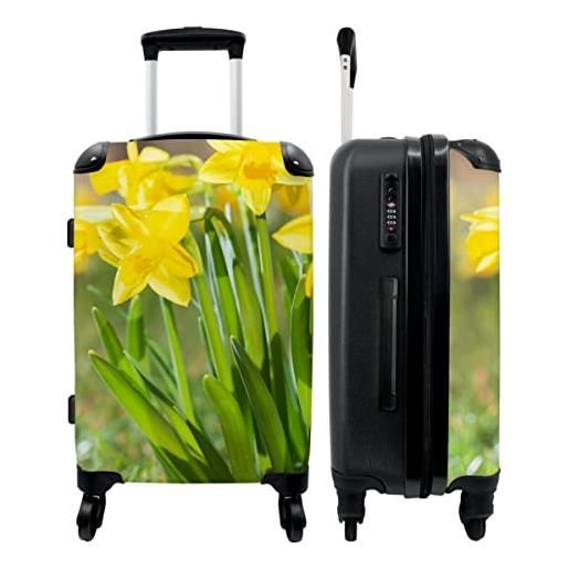 NoBoringSuitcases.com® valigia grande - fiori - narciso - giallo - primavera - chiusura a combinazione tsa - trolley rigido 4 ruote - 90 litri - valigia da viaggio - 66 cm