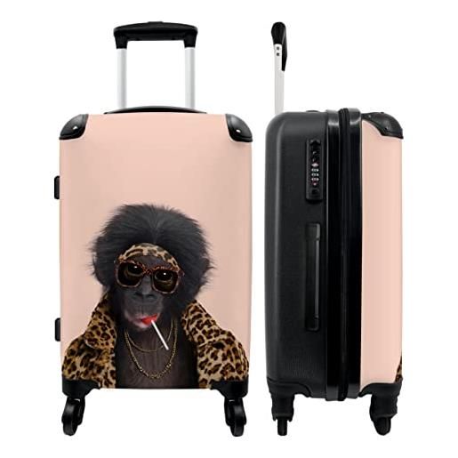 NoBoringSuitcases.com® valigia grande - scimmia - animali - occhiali da sole - stampa pantera - lecca lecca - trolley rigido 4 ruote - 90 litri - valigia da viaggio - 66 cm