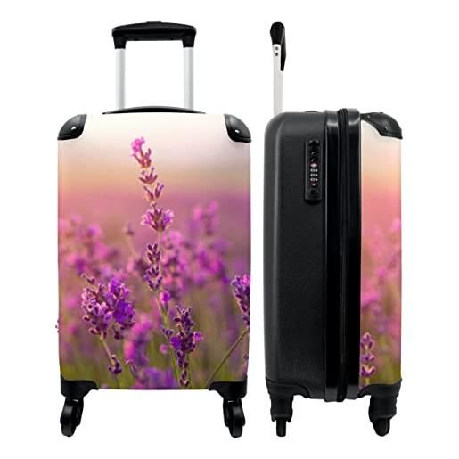 NoBoringSuitcases.com® valigia trolley bagaglio a mano piccola valigia da viaggio con 4 ruote - lavanda - fiori - viola - botanico - valigia cabina - bagaglio da tavola