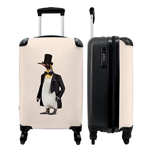 NoBoringSuitcases.com® valigia a mano trolley valigia a rotelle piccola valigia da viaggio con 4 ruote - pinguino - animale - cappello - nero - bagaglio a mano