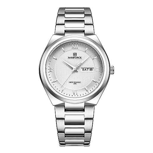 Naviforce reloj de pulsera casual para hombre, reloj de acero inoxidable resistente al agua con fecha y movimiento de cuarzo analógico (silver)