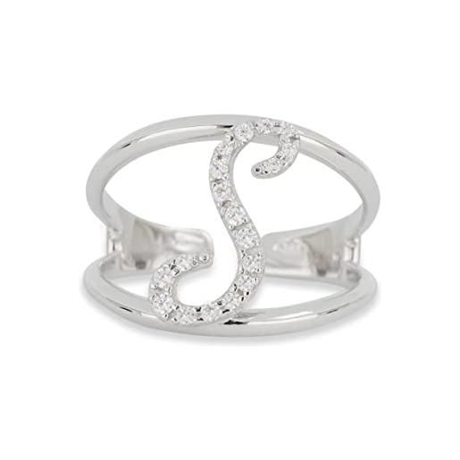 Artlinea, anello in argento 925 sterling, gioiello personalizzato con la lettera s corsiva, con pavé zirconi, retro aperto con misura regolabile 12-18, made in italy
