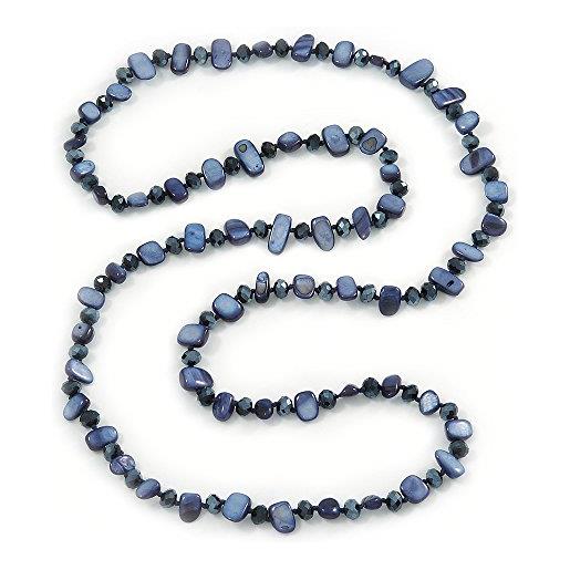 Avalaya statement - collana lunga con perle di cristallo blu scuro e perle di vetro, lunghezza 110 cm, vetro vetro conchiglia di mare