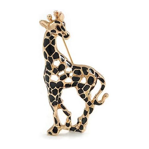 Avalaya spilla a forma di giraffa smaltata nera, color oro, altezza 50 mm, smalto