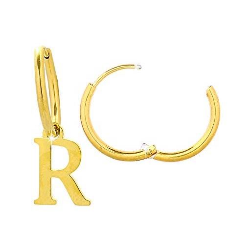 Beloved orecchini da donna a cerchio in acciaio - uno con iniziale e uno a cerchietto semplice - per lobi forati - chiusura a scatto (gold lettera r)