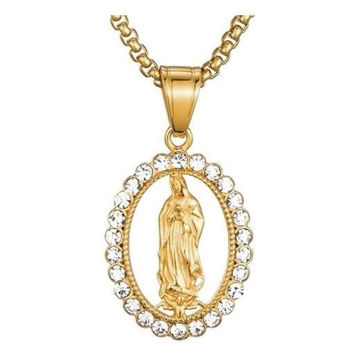 BOBIJOO JEWELRY - collana del pendente vergine maria pregando forma ovale diamanti finti in acciaio inox placcato oro