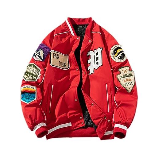 MQMYJSP inverno varsity giacca uomo donna lettera distintivo americano giacca da baseball strada hip hop cappotto coppie, rosso spesso, m